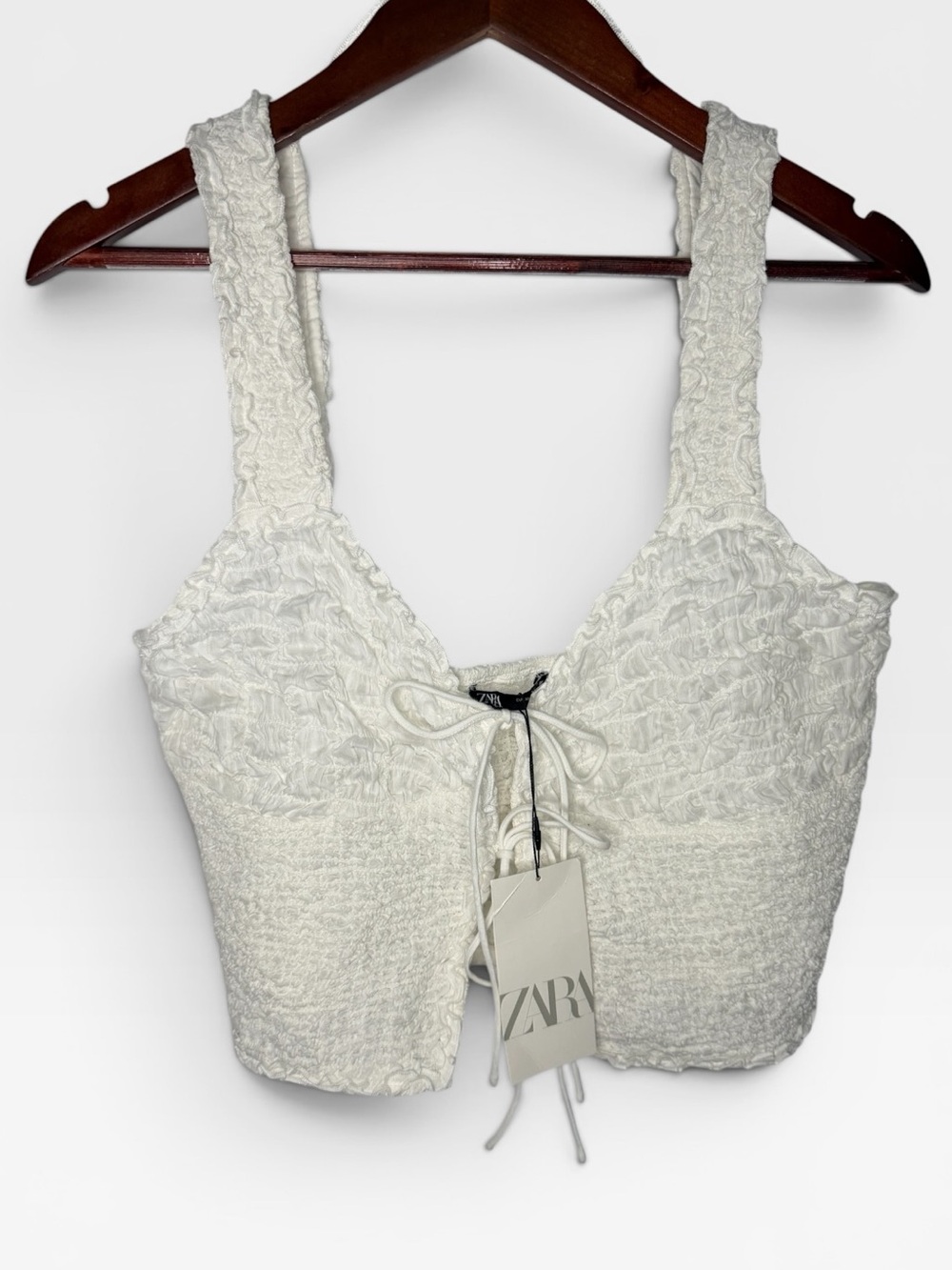 NWT Zara White Textured Smocked Lace-Up Crop Top Cottagecore Boho | Size XL